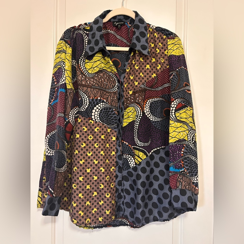 Button-Down Mixed Print Blouse in Yellow, Burgundy & Gray